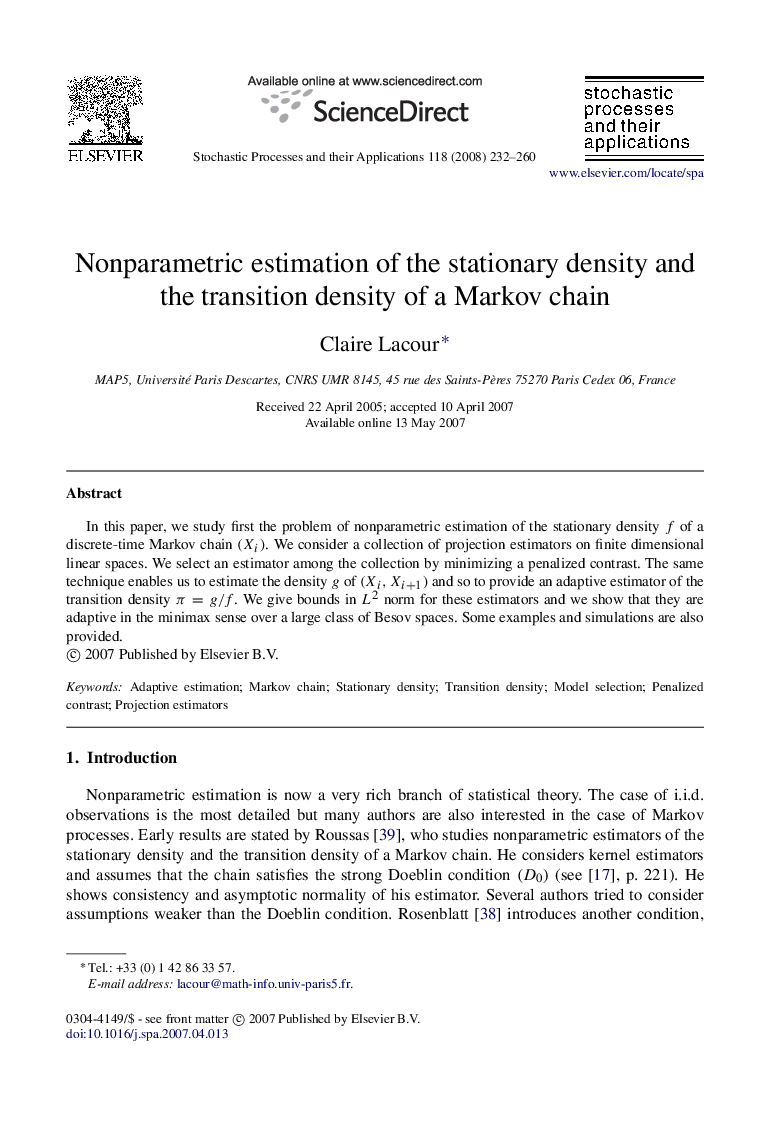 Nonparametric estimation of the stationary density and the transition density of a Markov chain