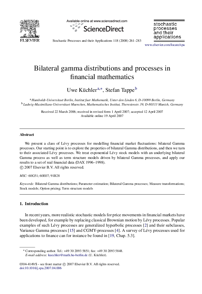 Bilateral gamma distributions and processes in financial mathematics