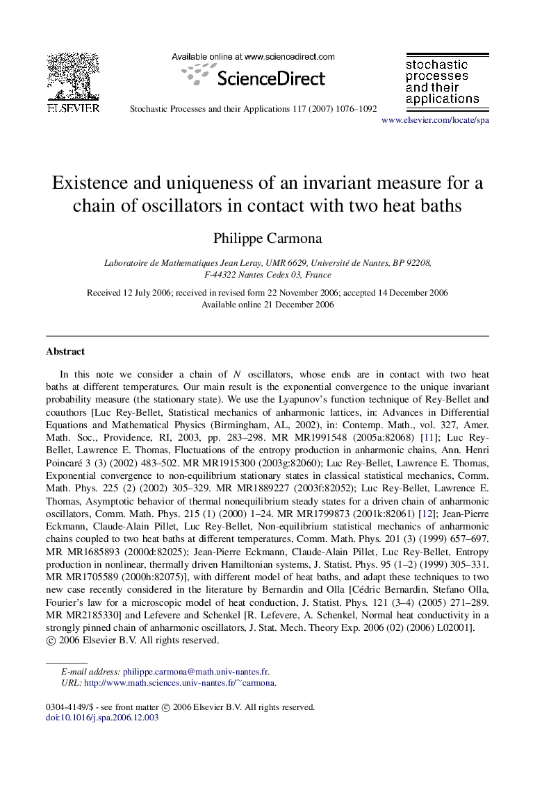 Existence and uniqueness of an invariant measure for a chain of oscillators in contact with two heat baths