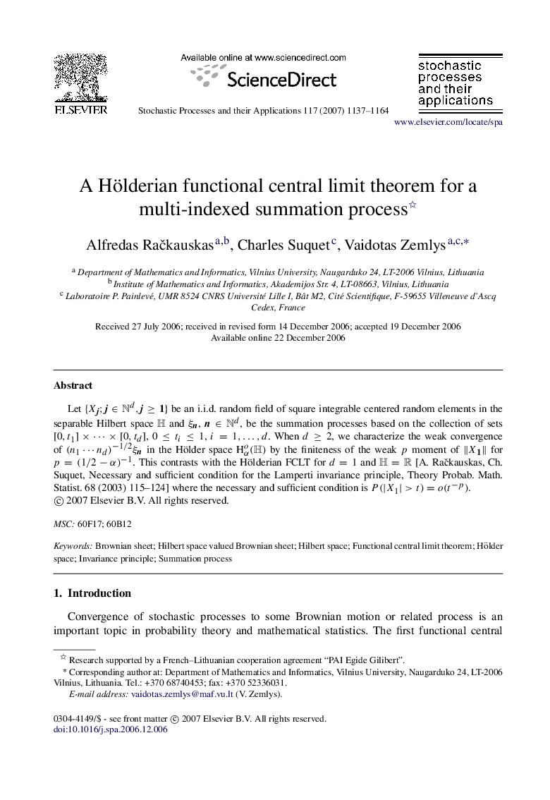 A Hölderian functional central limit theorem for a multi-indexed summation process 