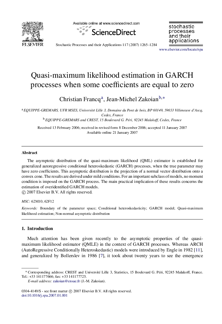 Quasi-maximum likelihood estimation in GARCH processes when some coefficients are equal to zero