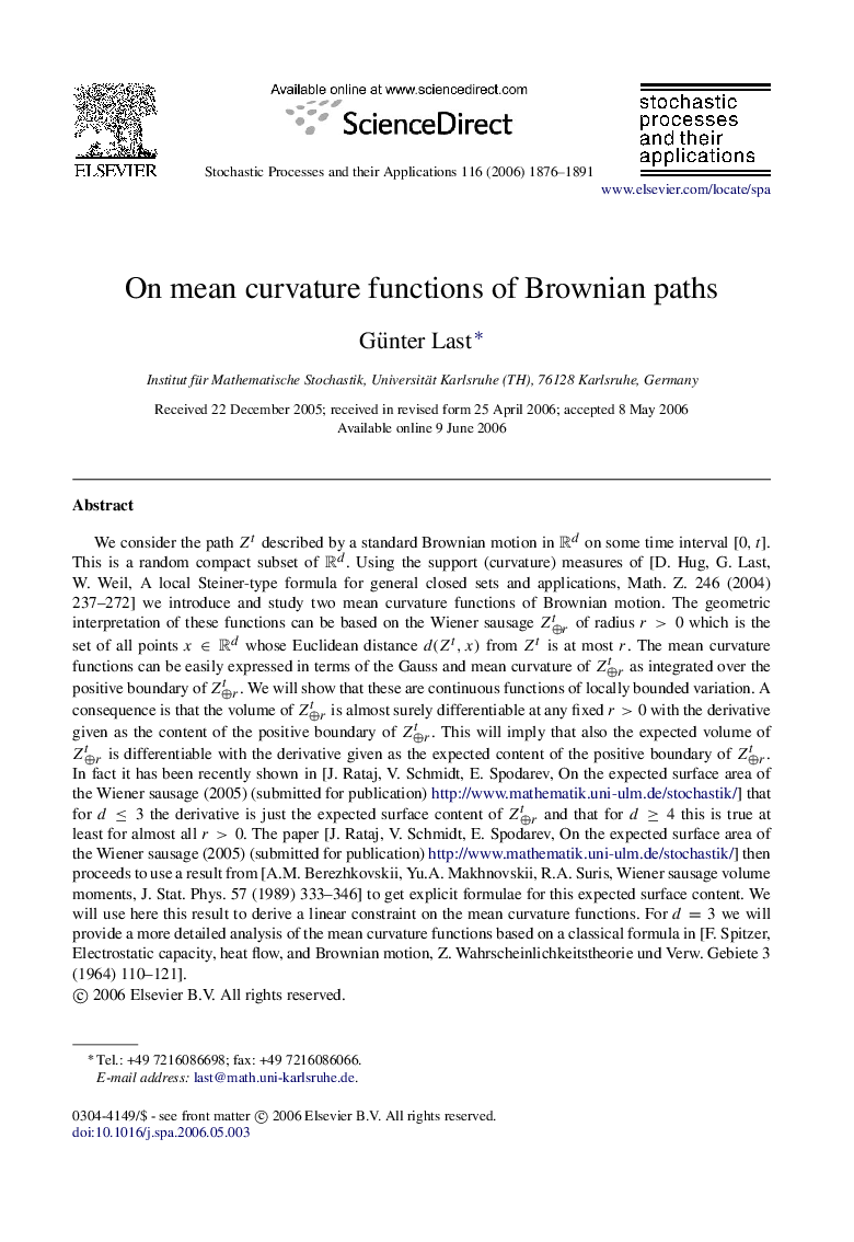 On mean curvature functions of Brownian paths