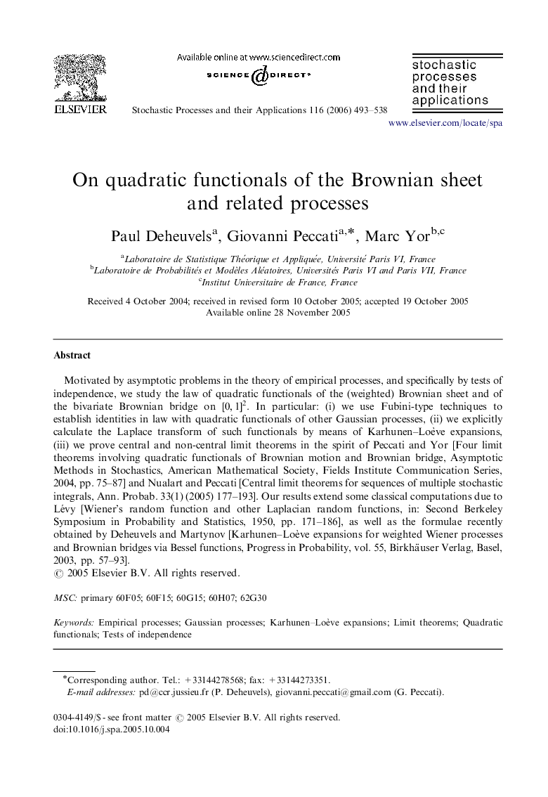 On quadratic functionals of the Brownian sheet and related processes