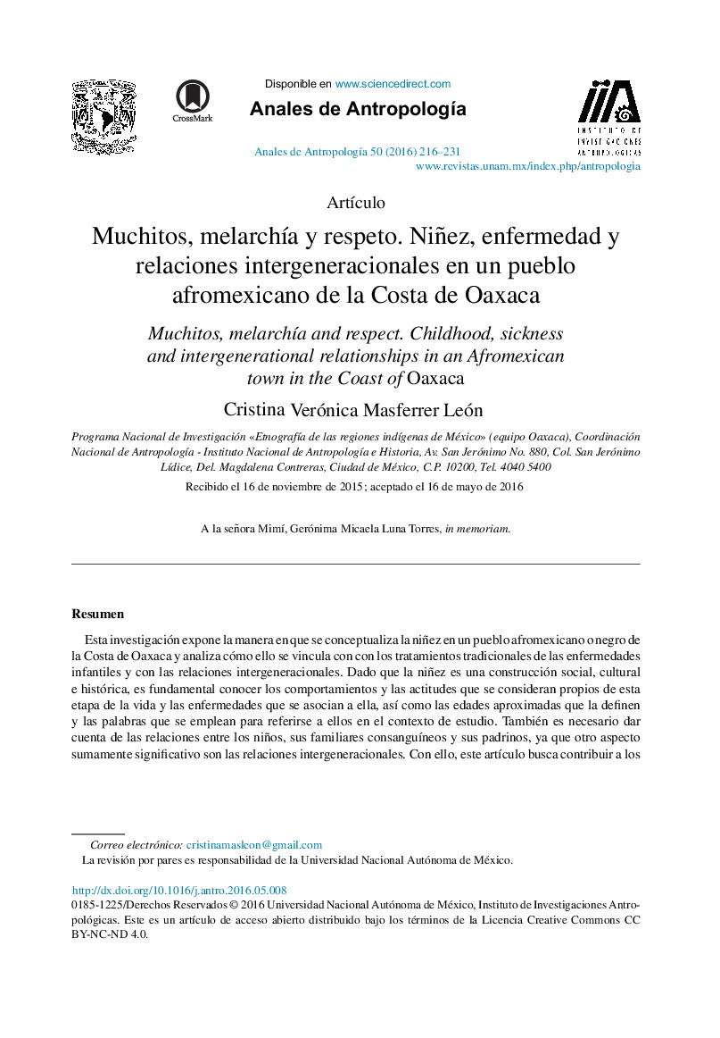 Muchitos, melarchía y respeto. Niñez, enfermedad y relaciones intergeneracionales en un pueblo afromexicano de la Costa de Oaxaca 