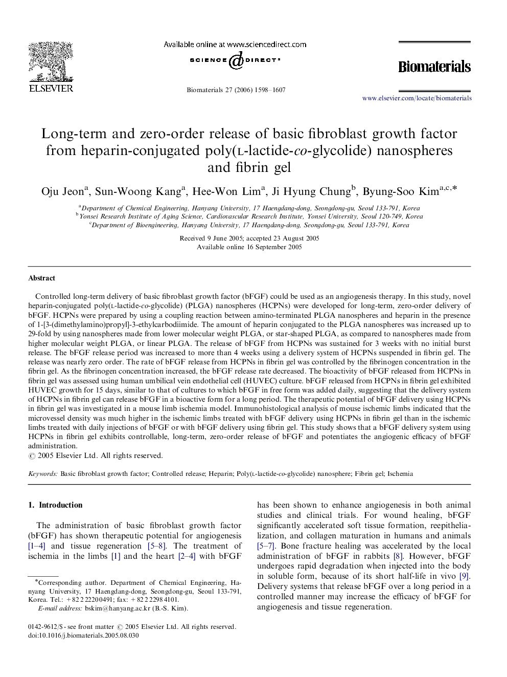 Long-term and zero-order release of basic fibroblast growth factor from heparin-conjugated poly(l-lactide-co-glycolide) nanospheres and fibrin gel