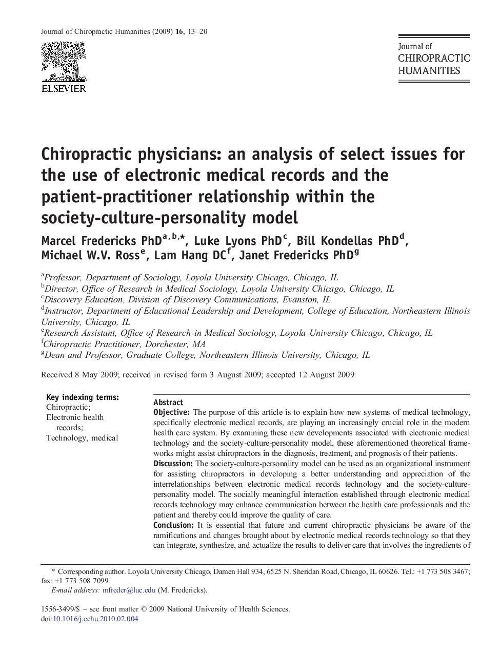 Chiropractic physicians: an analysis of select issues for the use of electronic medical records and the patient-practitioner relationship within the society-culture-personality model