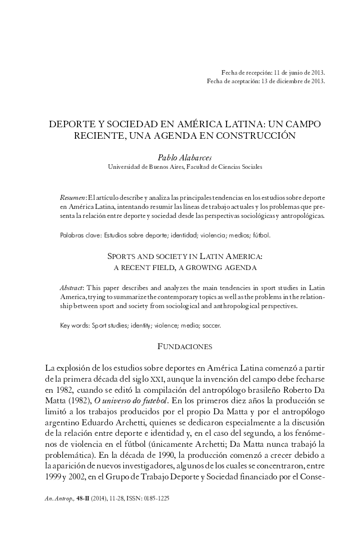 Deporte y sociedad en américa latina: Un campo reciente, una agenda en construcción