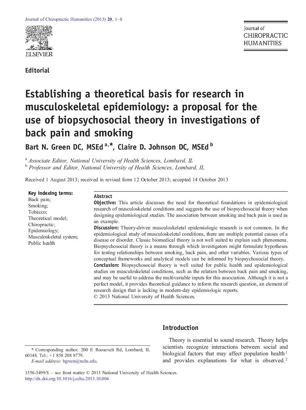 Establishing a theoretical basis for research in musculoskeletal epidemiology: a proposal for the use of biopsychosocial theory in investigations of back pain and smoking