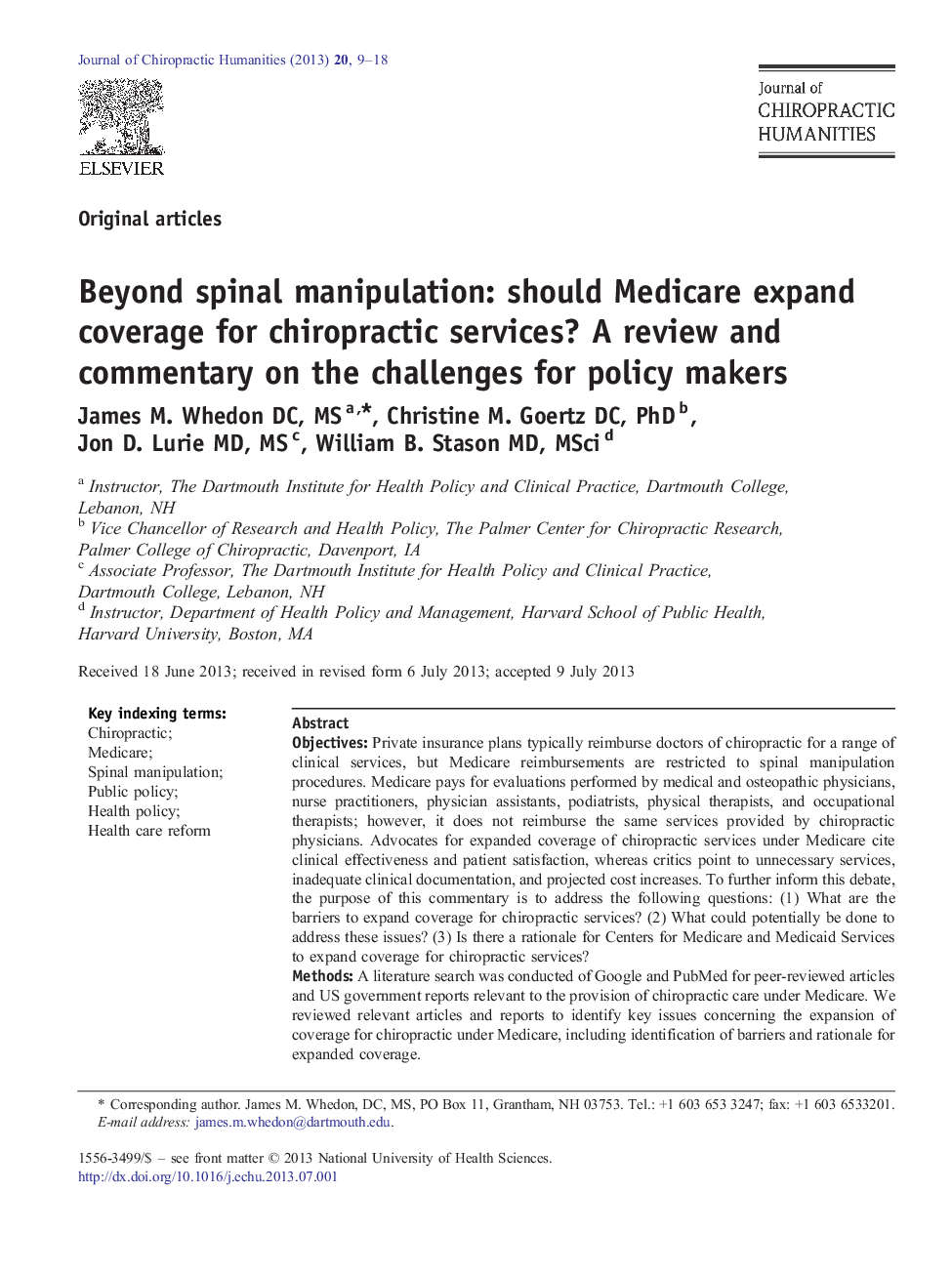 Beyond spinal manipulation: should Medicare expand coverage for chiropractic services? A review and commentary on the challenges for policy makers