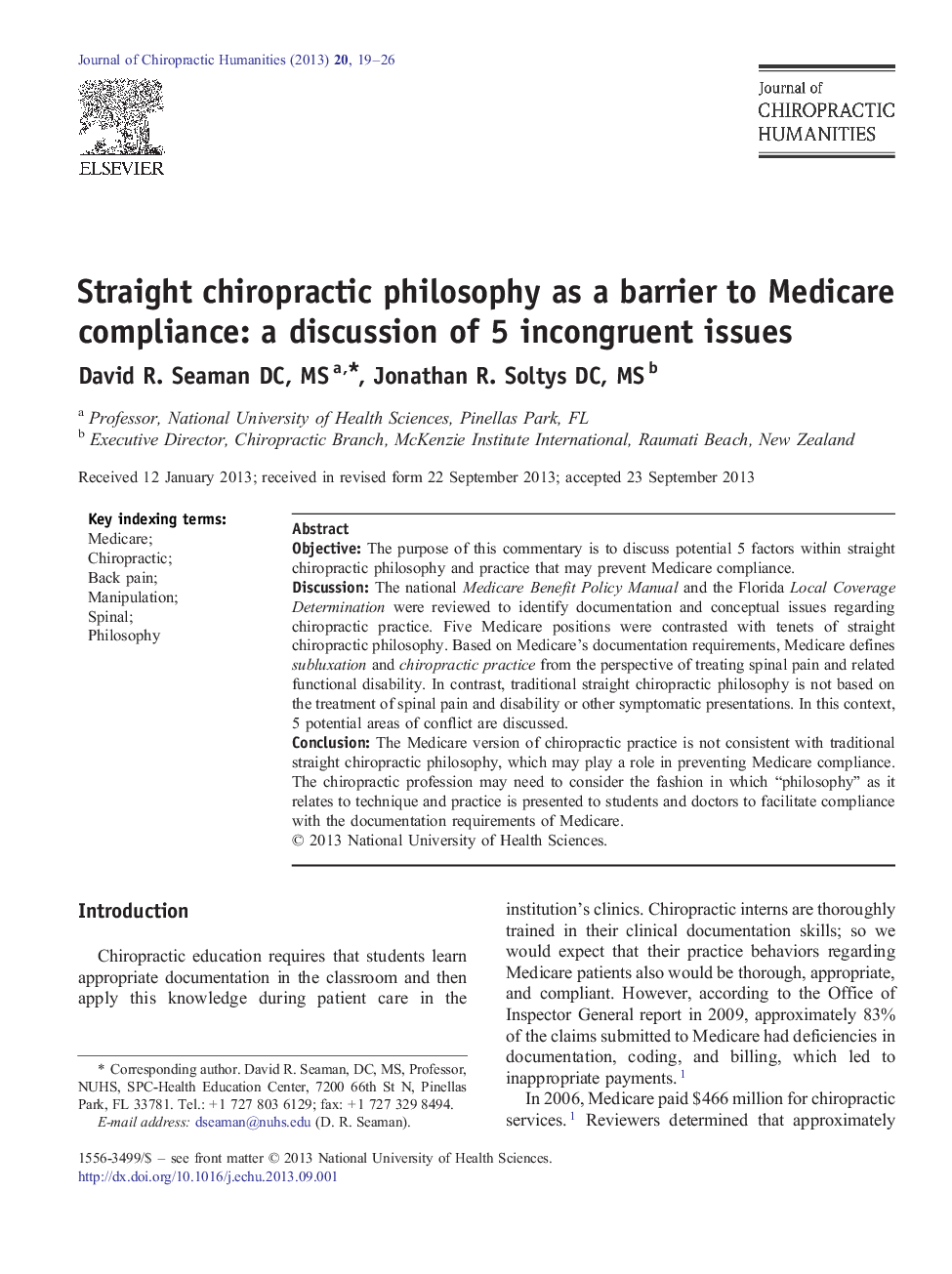 Straight chiropractic philosophy as a barrier to Medicare compliance: a discussion of 5 incongruent issues