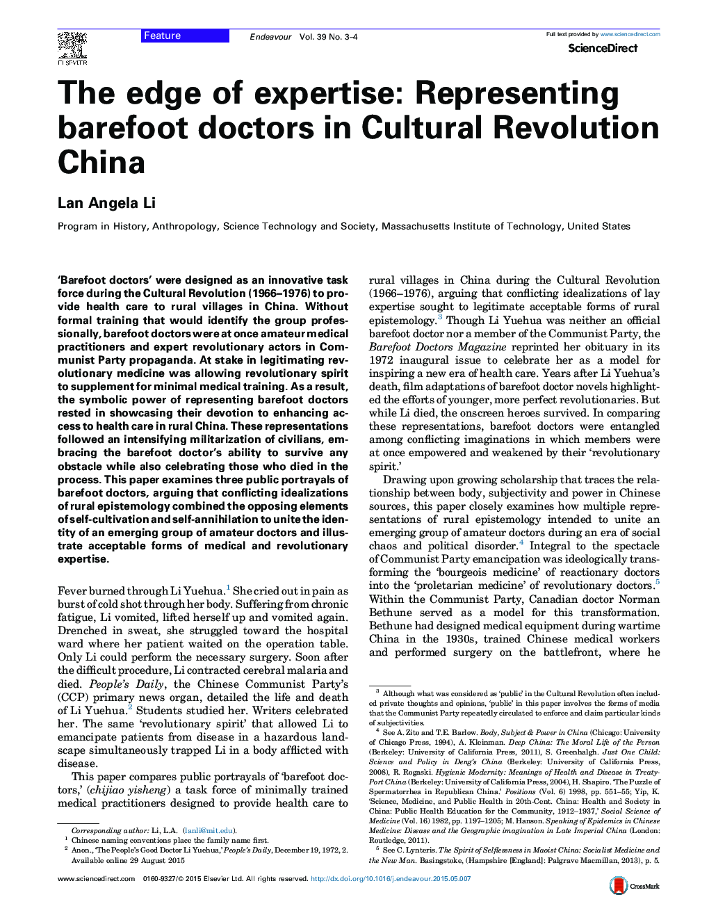 The edge of expertise: Representing barefoot doctors in Cultural Revolution China
