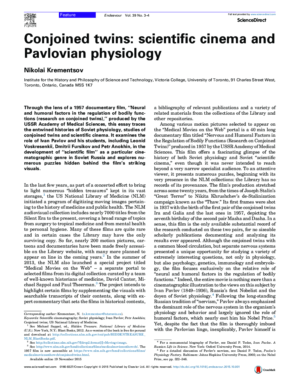 Conjoined twins: scientific cinema and Pavlovian physiology