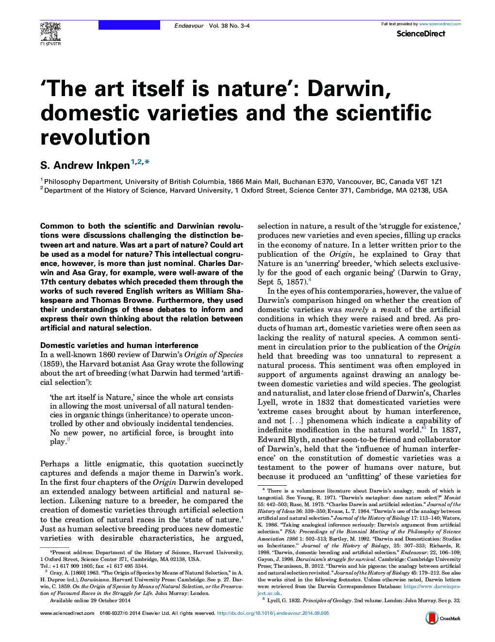 هنر خود طبیعت است: داروین، گونه های داخلی و انقلاب علمی 