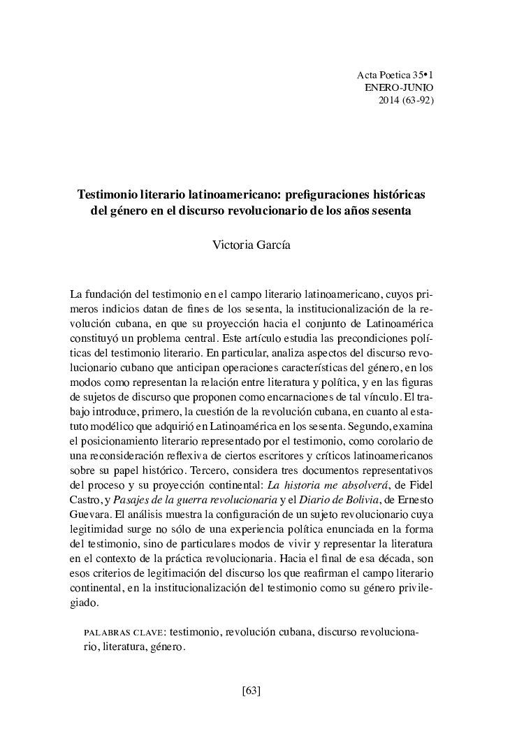 Testimonio literario latinoamericano: prefiguraciones históricas del género en el discurso revolucionario de los años sesenta