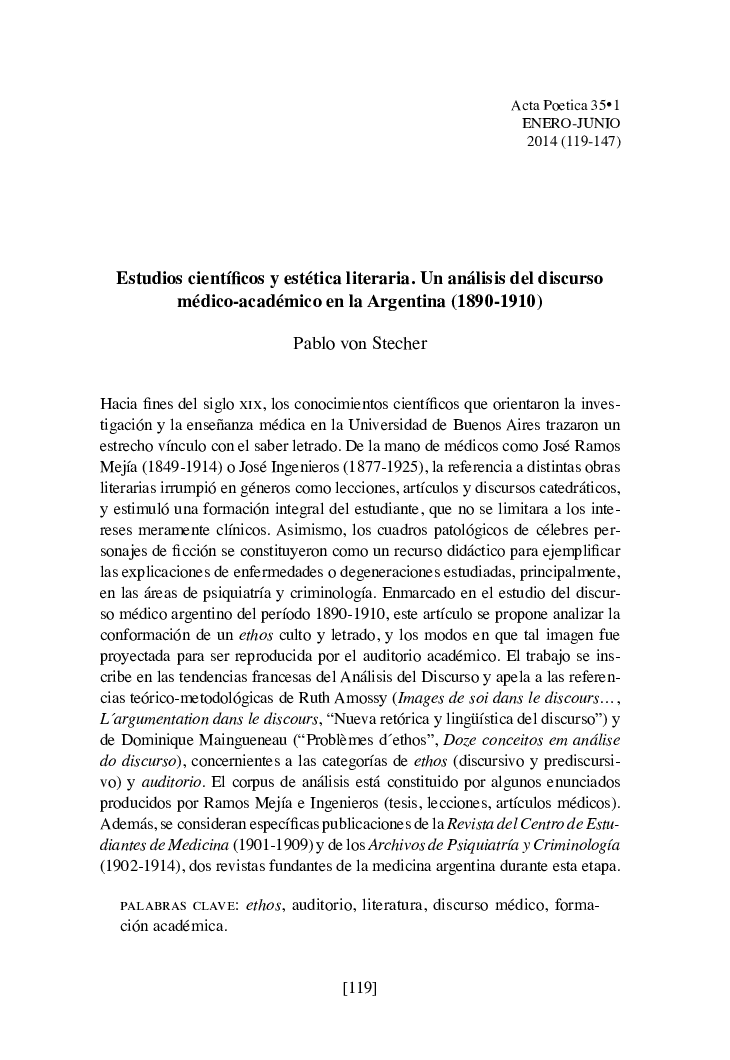 Estudios científicos y estética literaria. Un análisis del discurso médico-académico en la Argentina (1890-1910)