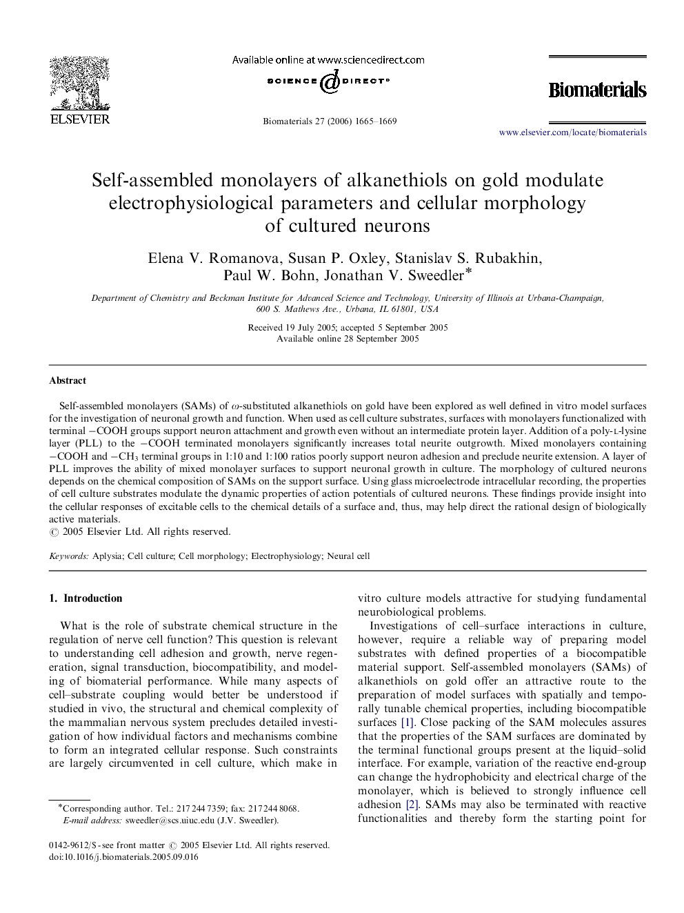 Self-assembled monolayers of alkanethiols on gold modulate electrophysiological parameters and cellular morphology of cultured neurons