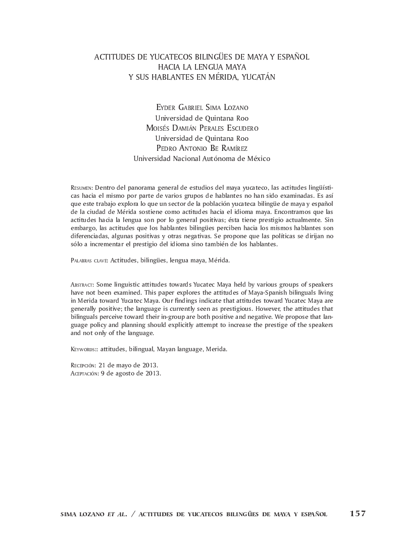 Actitudes de yucatecos bilingües de maya y español hacia la lengua maya y sus hablantes en Mérida, Yucatán