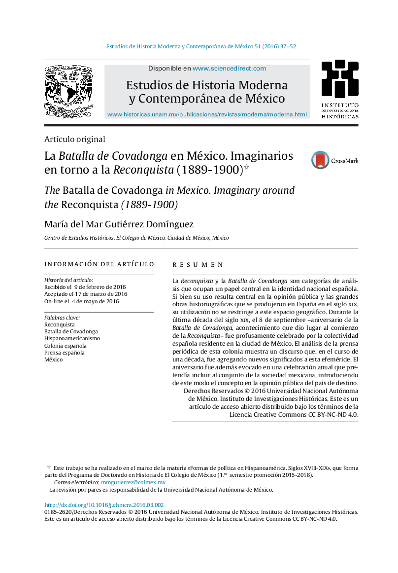 La Batalla de Covadonga en México. Imaginarios en torno a la Reconquista (1889-1900) 