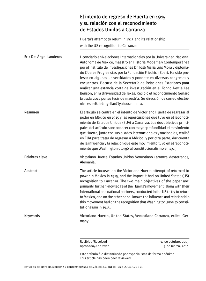 El intento de regreso de Huerta en 1915 y su relación con el reconocimiento de Estados Unidos a Carranza *