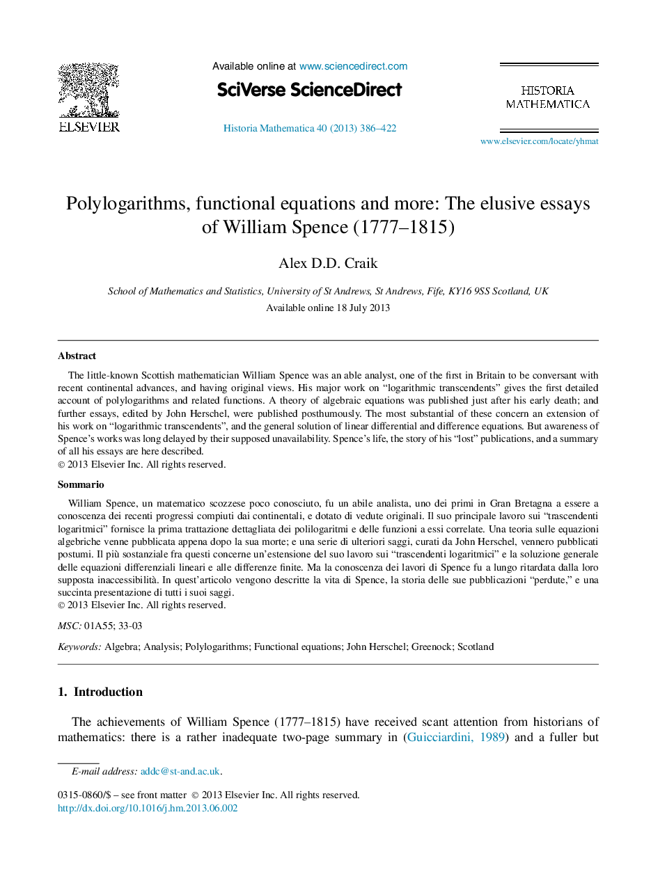 Polylogarithms, functional equations and more: The elusive essays of William Spence (1777–1815)