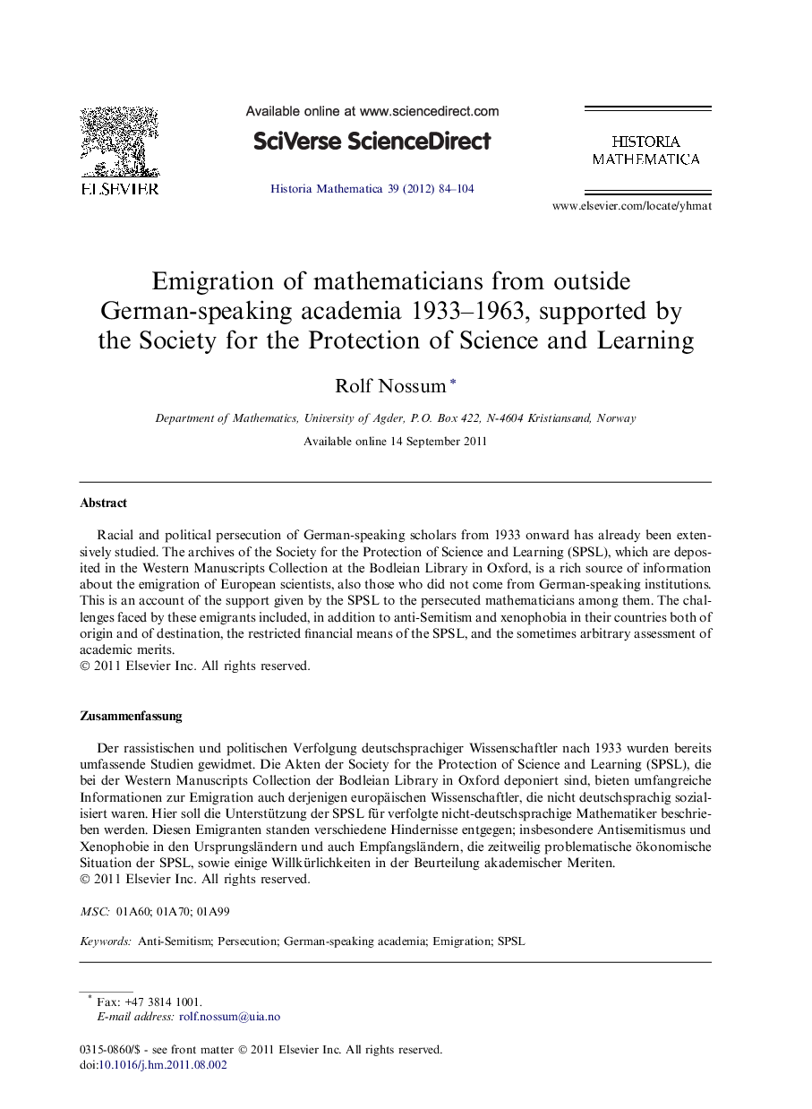 Emigration of mathematicians from outside German-speaking academia 1933–1963, supported by the Society for the Protection of Science and Learning