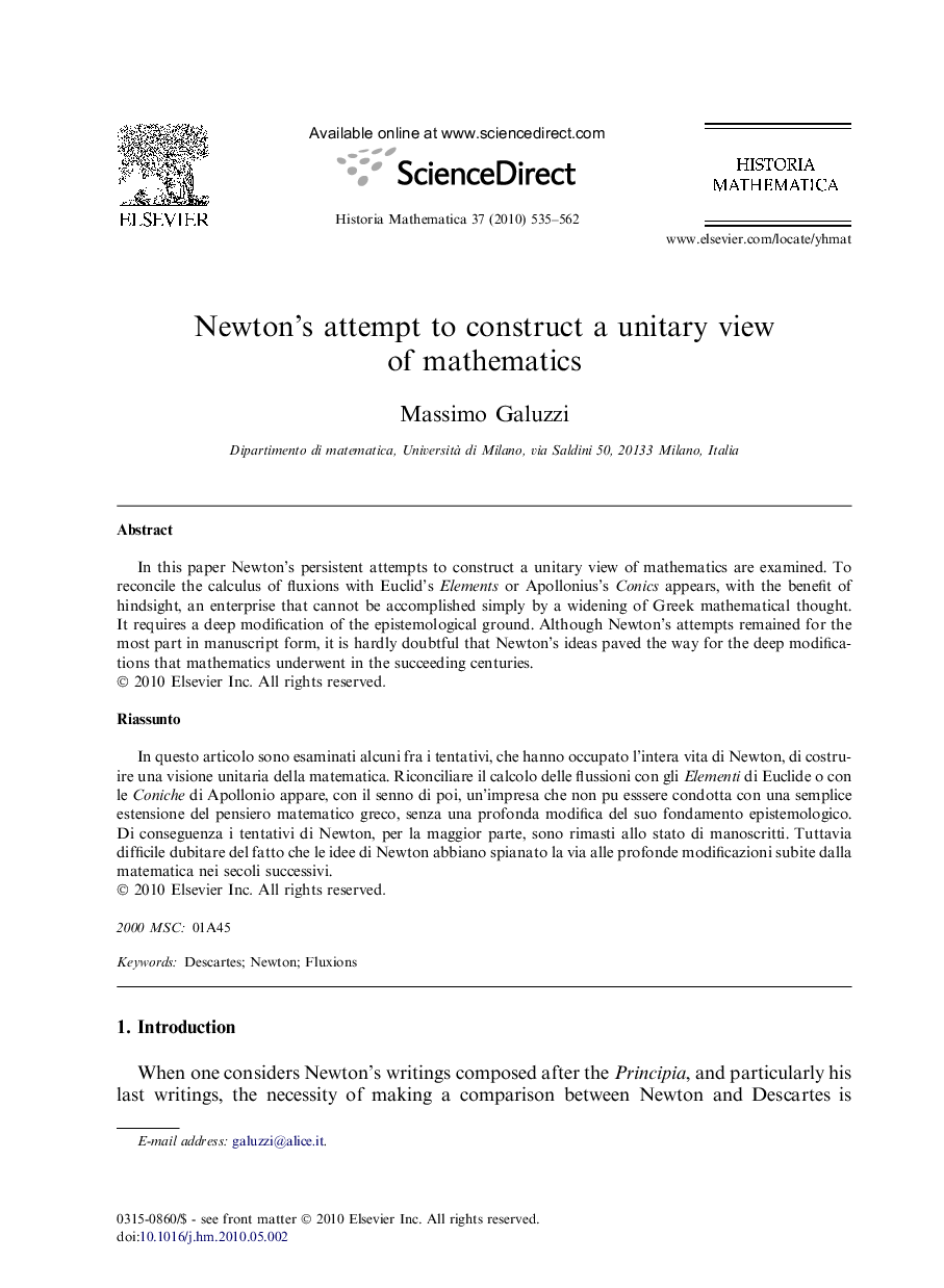 Newton’s attempt to construct a unitary view of mathematics