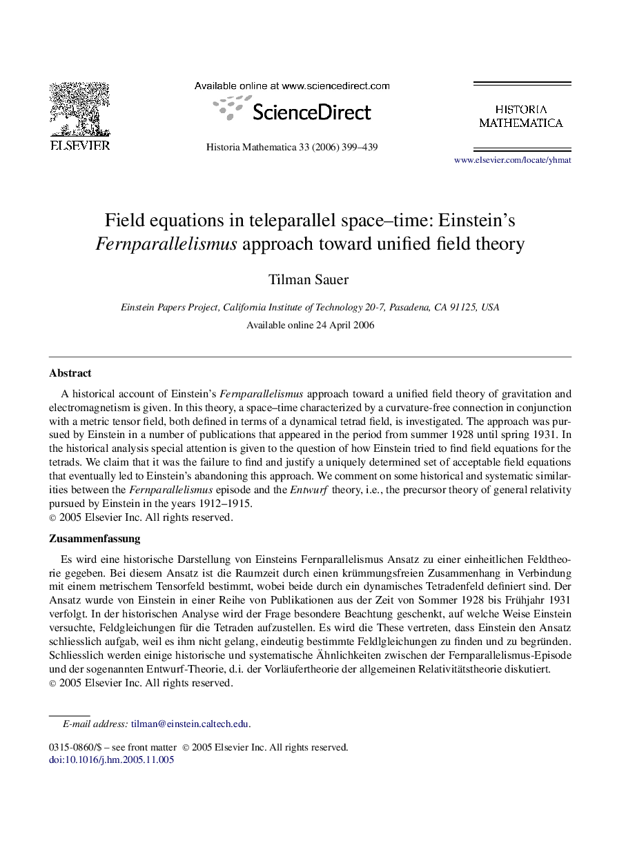 Field equations in teleparallel space–time: Einstein's Fernparallelismus approach toward unified field theory