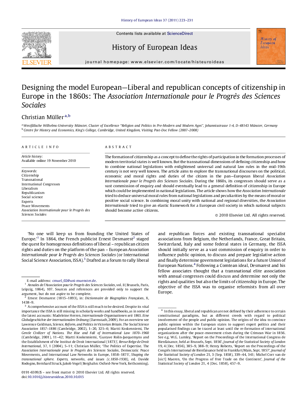 Designing the model European-Liberal and republican concepts of citizenship in Europe in the 1860s: The Association Internationale pour le ProgrÃ¨s des Sciences Sociales