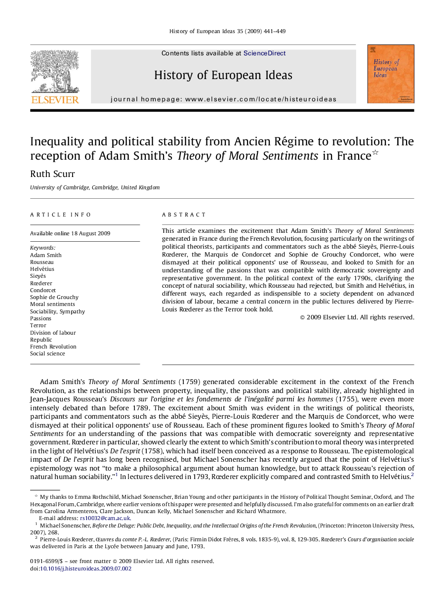 Inequality and political stability from Ancien Régime to revolution: The reception of Adam Smith's Theory of Moral Sentiments in France