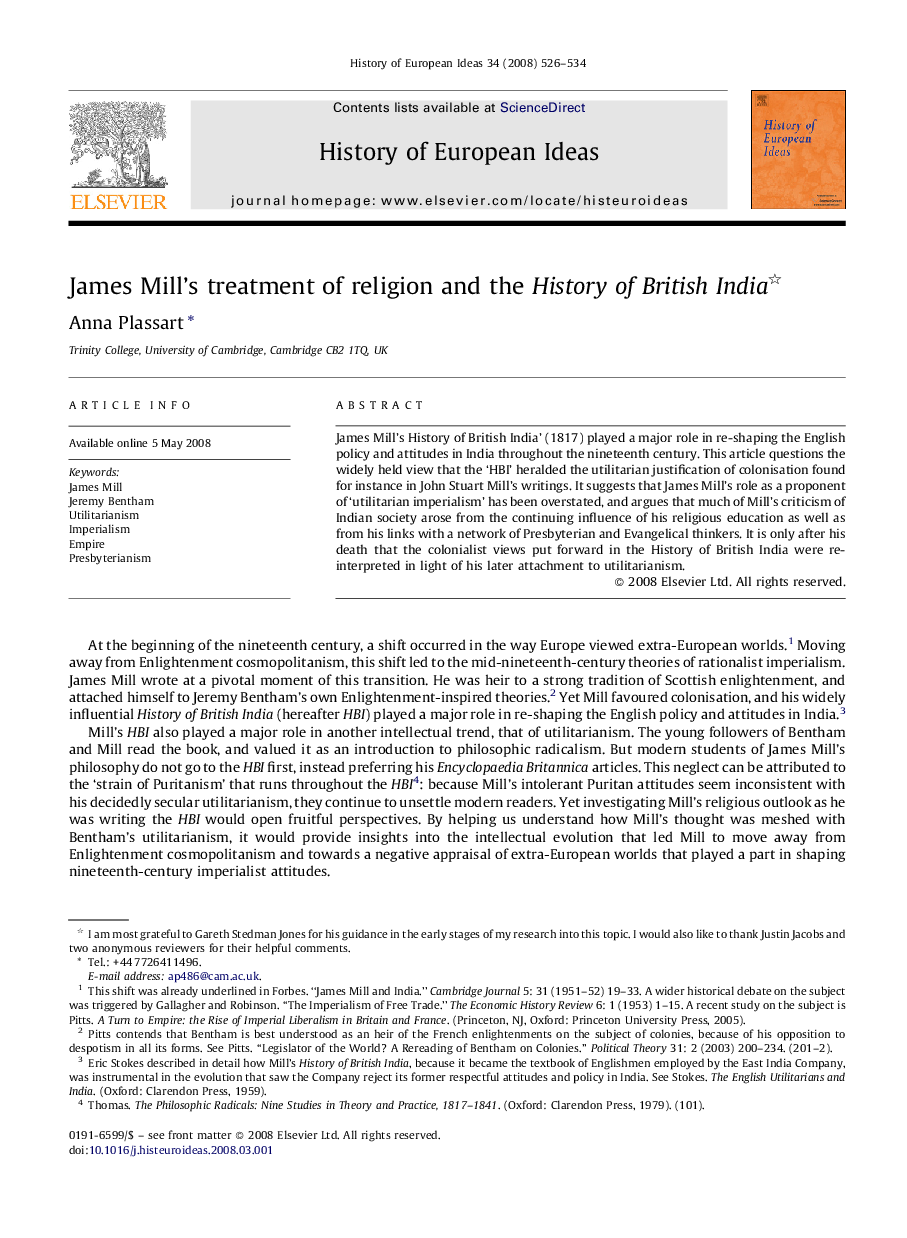 James Mill's treatment of religion and the History of British India