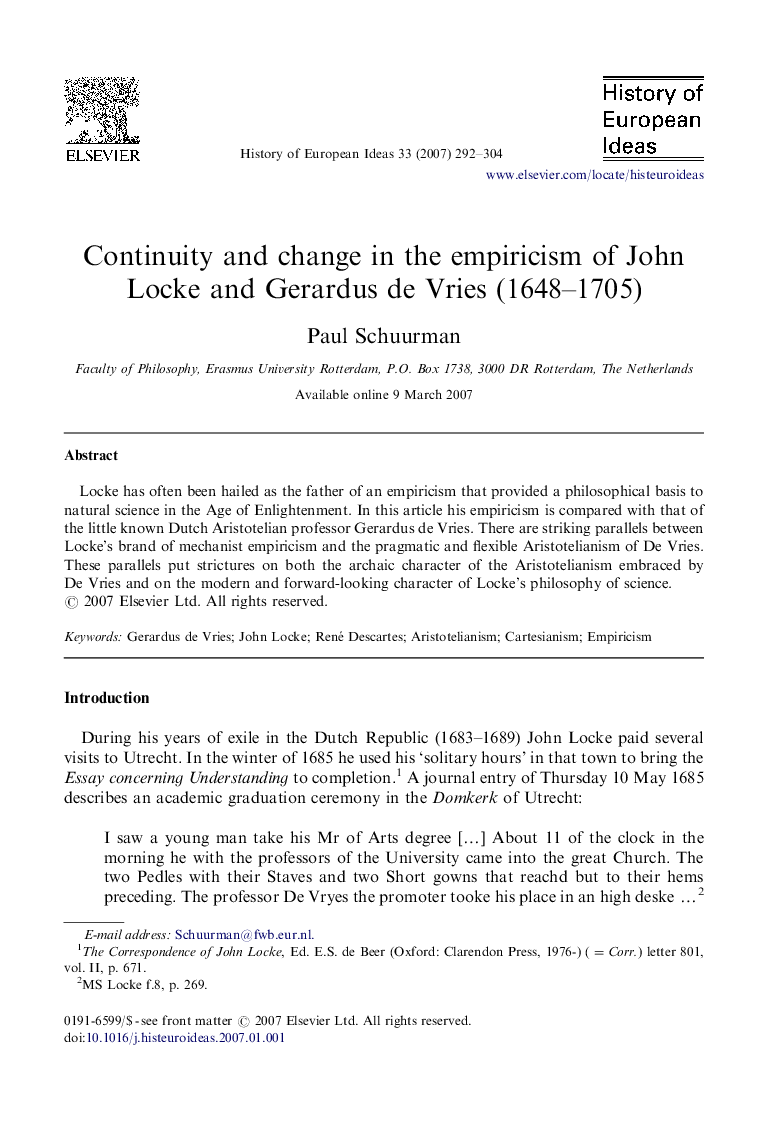 Continuity and change in the empiricism of John Locke and Gerardus de Vries (1648–1705)