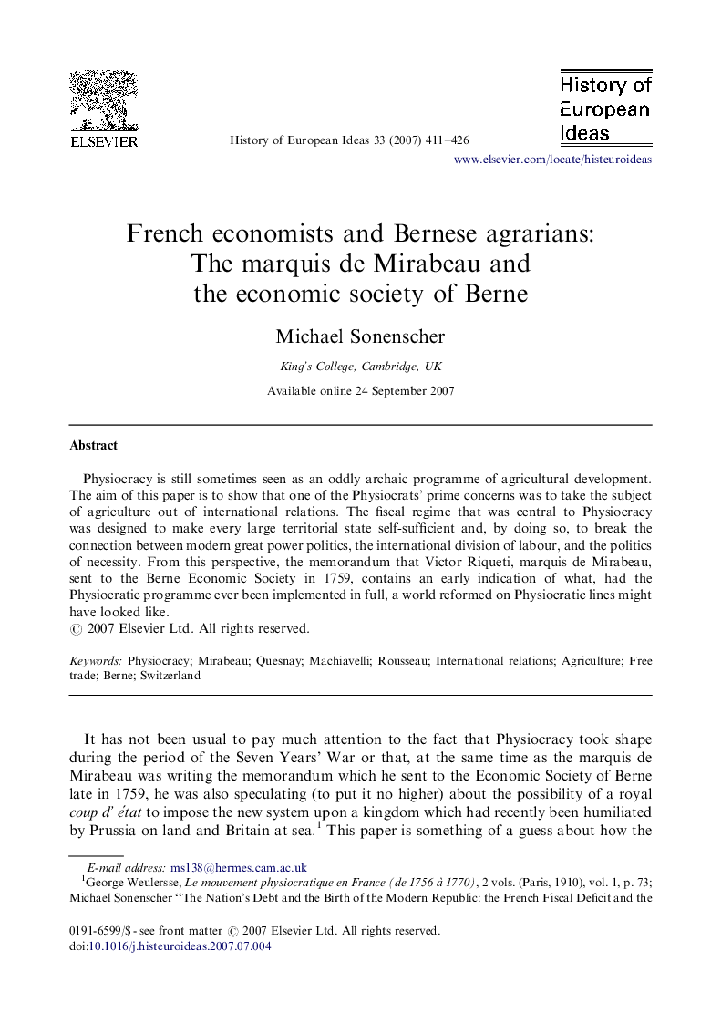 French economists and Bernese agrarians: The marquis de Mirabeau and the economic society of Berne