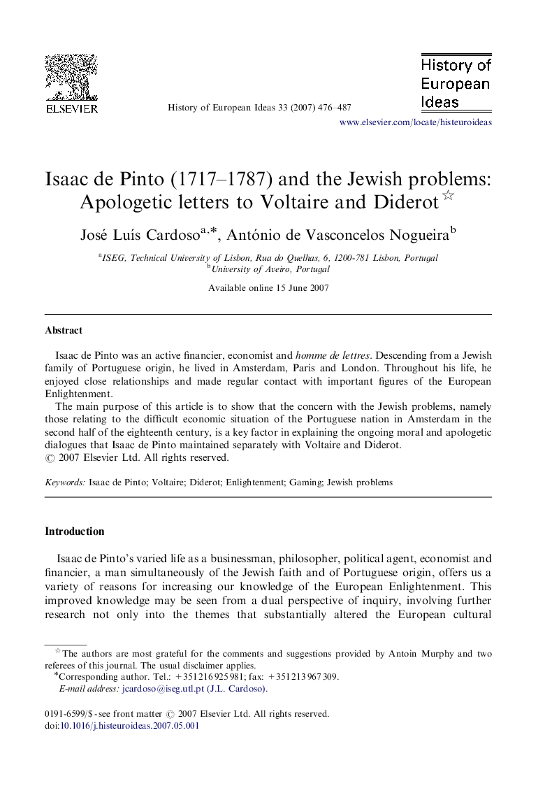 Isaac de Pinto (1717–1787) and the Jewish problems: Apologetic letters to Voltaire and Diderot 