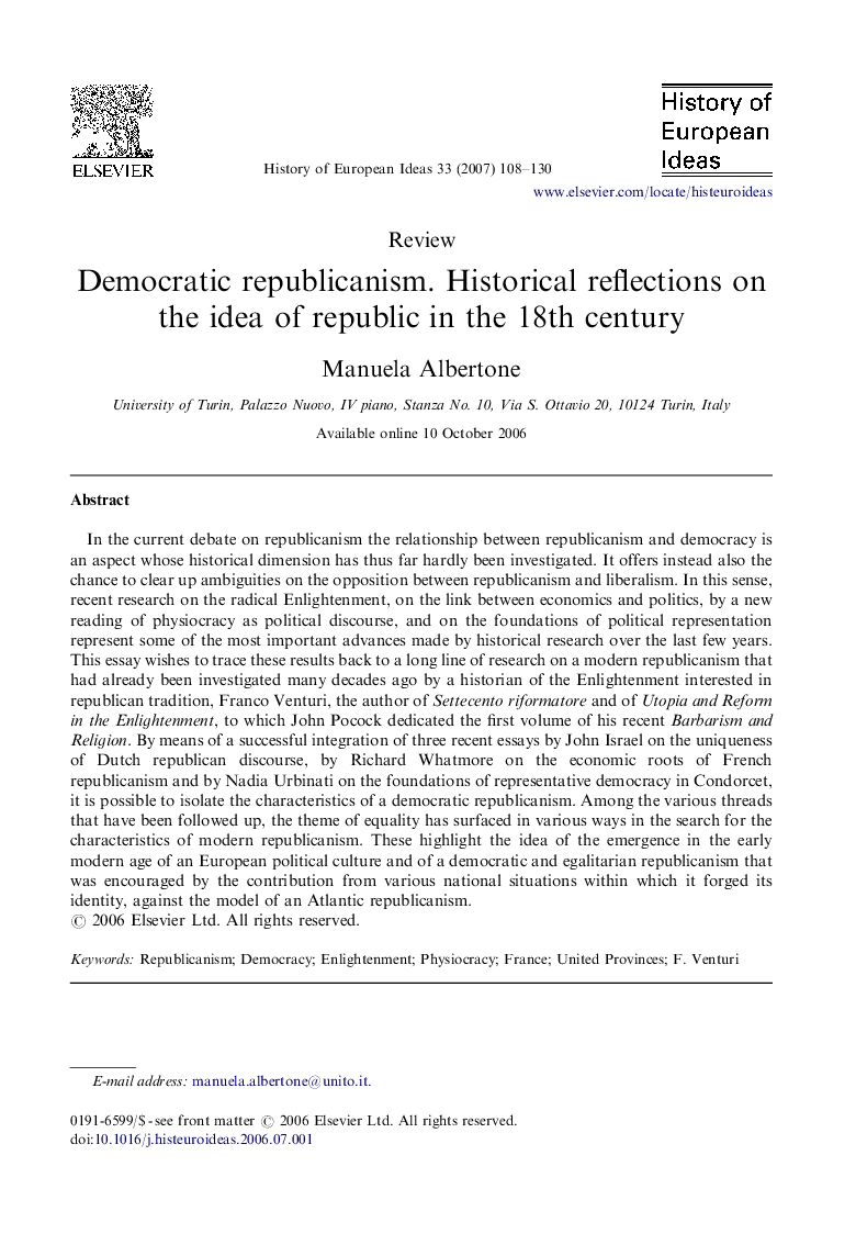 Democratic republicanism. Historical reflections on the idea of republic in the 18th century