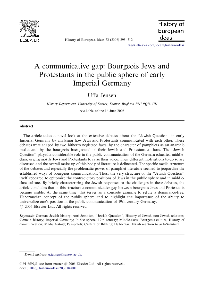 عکس صفحه اول مقاله: A communicative gap: Bourgeois Jews and Protestants in the public sphere of early Imperial Germany A communicative gap: Bourgeois Jews and Protestants in the public sphere of early Imperial Germany