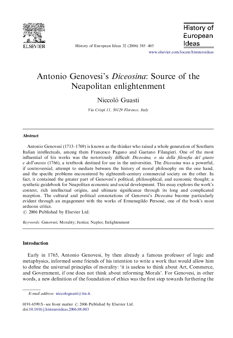 Antonio Genovesi's Diceosina: Source of the Neapolitan enlightenment