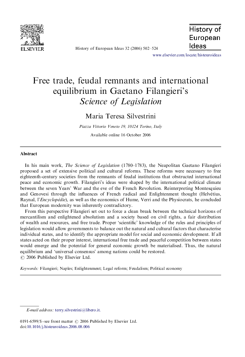 Free trade, feudal remnants and international equilibrium in Gaetano Filangieri's Science of Legislation