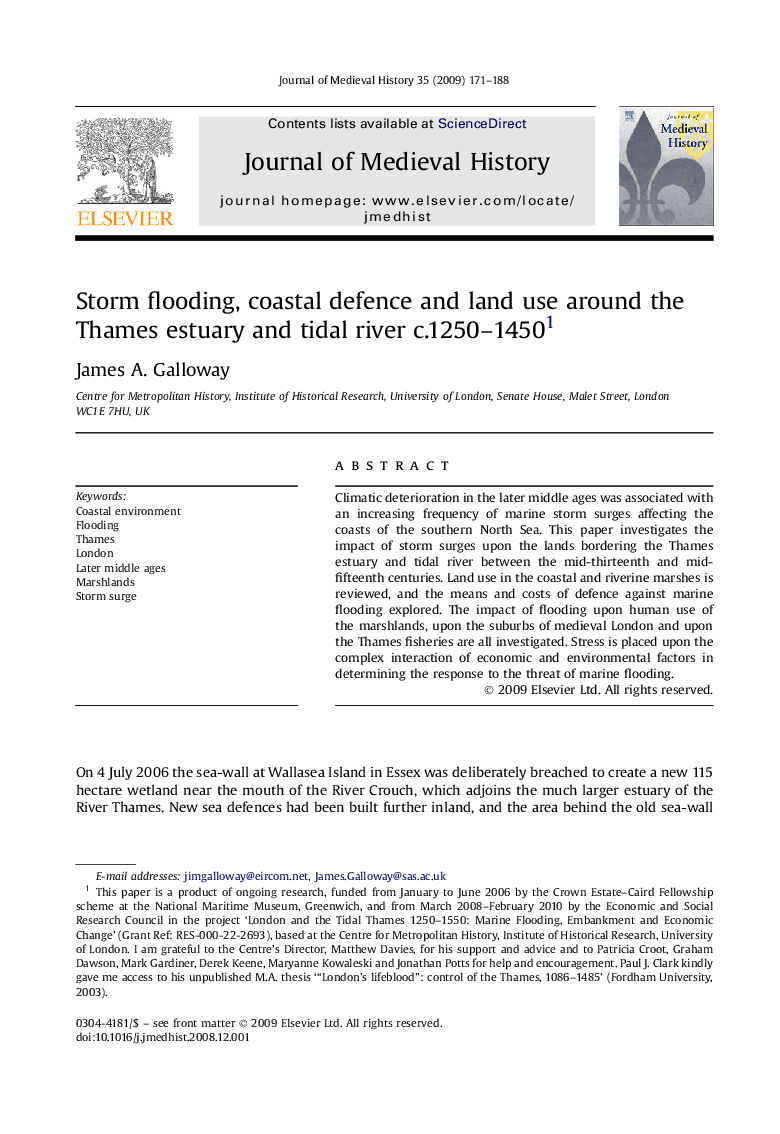 عکس صفحه اول مقاله: Storm flooding, coastal defence and land use around the Thames estuary and tidal river c.1250-14501 Storm flooding, coastal defence and land use around the Thames estuary and tidal river c.1250-14501