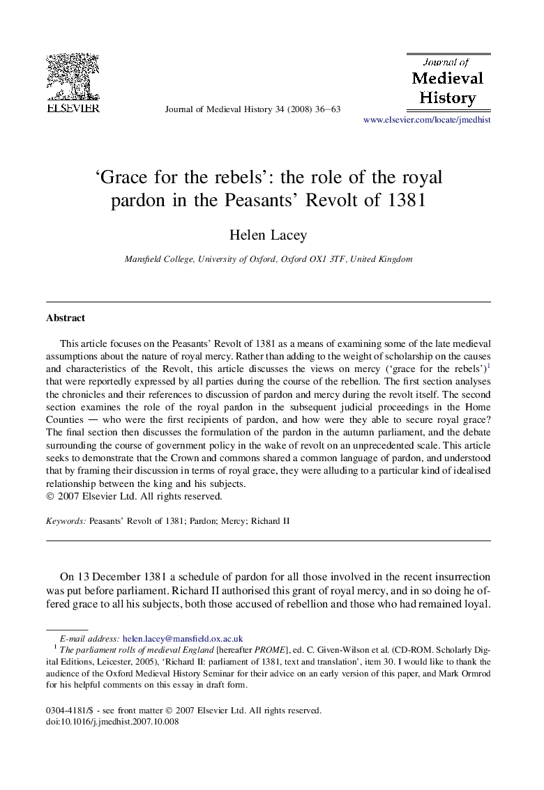 'Grace for the rebels': the role of the royal pardon in the Peasants' Revolt of 1381