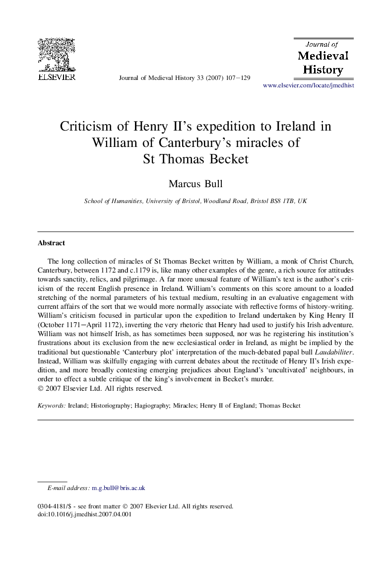 Criticism of Henry II's expedition to Ireland in William of Canterbury's miracles of St Thomas Becket