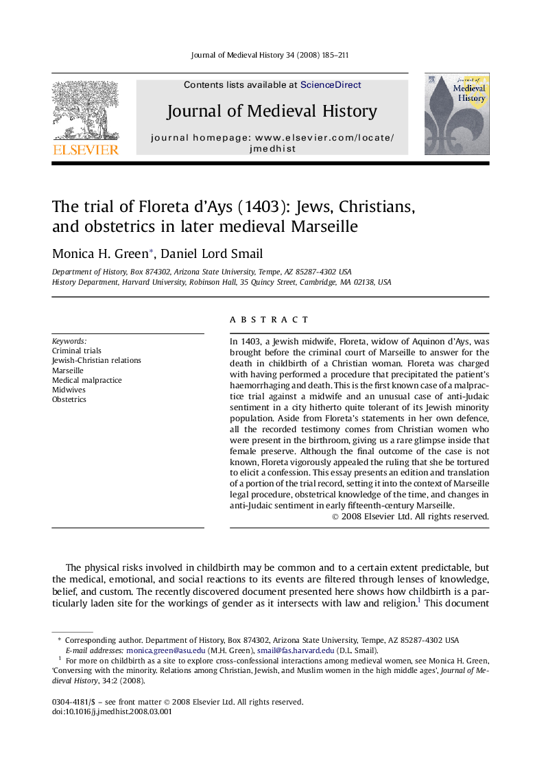 The trial of Floreta d'Ays (1403): Jews, Christians, and obstetrics in later medieval Marseille