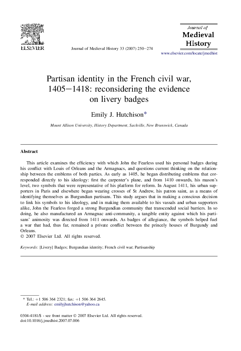Partisan identity in the French civil war, 1405-1418: reconsidering the evidence on livery badges