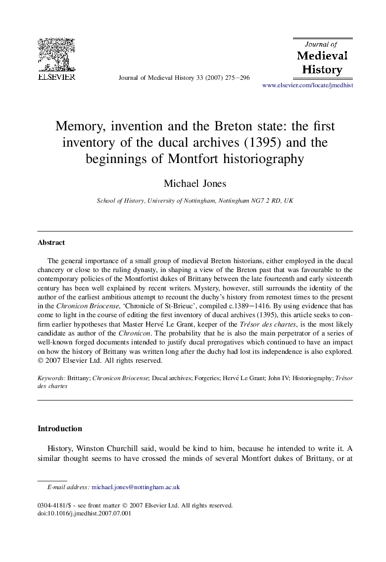 Memory, invention and the Breton state: the first inventory of the ducal archives (1395) and the beginnings of Montfort historiography