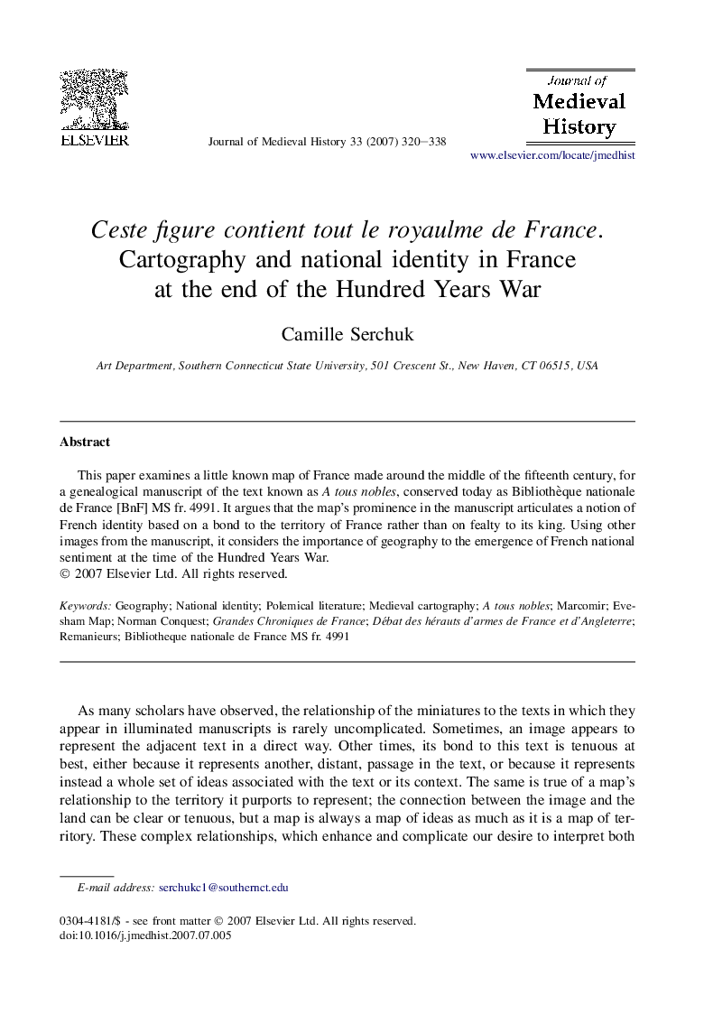 Ceste figure contient tout le royaulme de France. Cartography and national identity in France at the end of the Hundred Years War