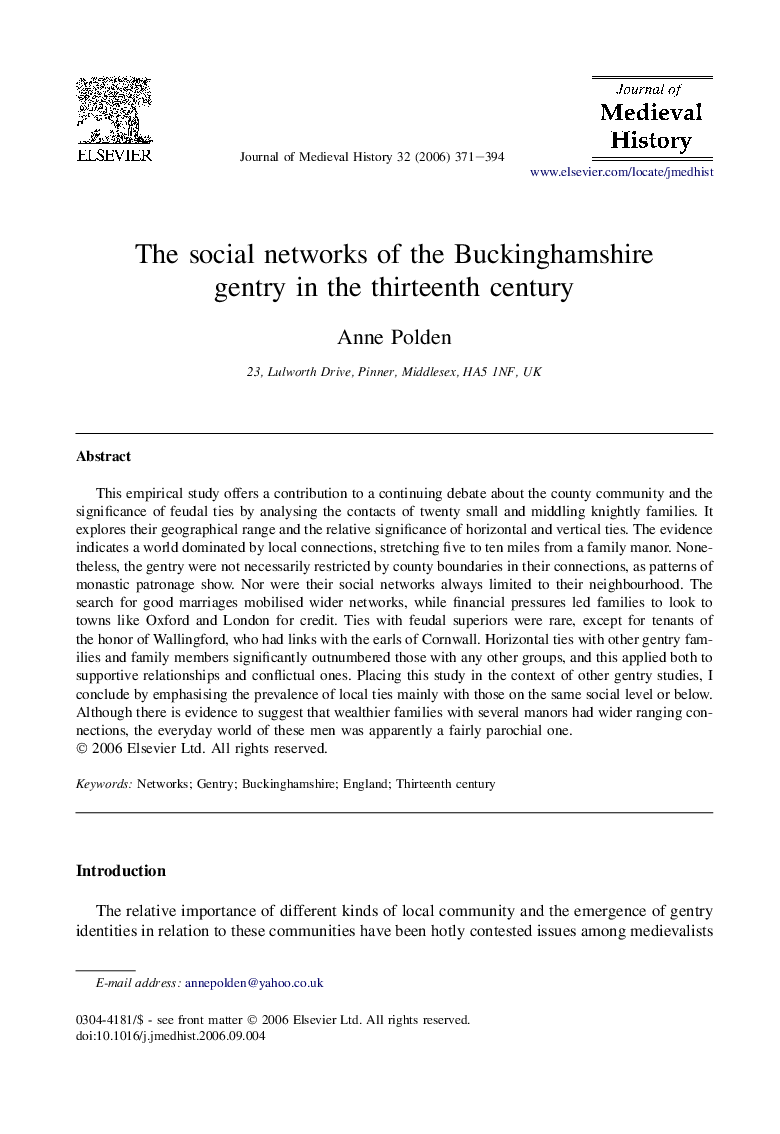 The social networks of the Buckinghamshire gentry in the thirteenth century