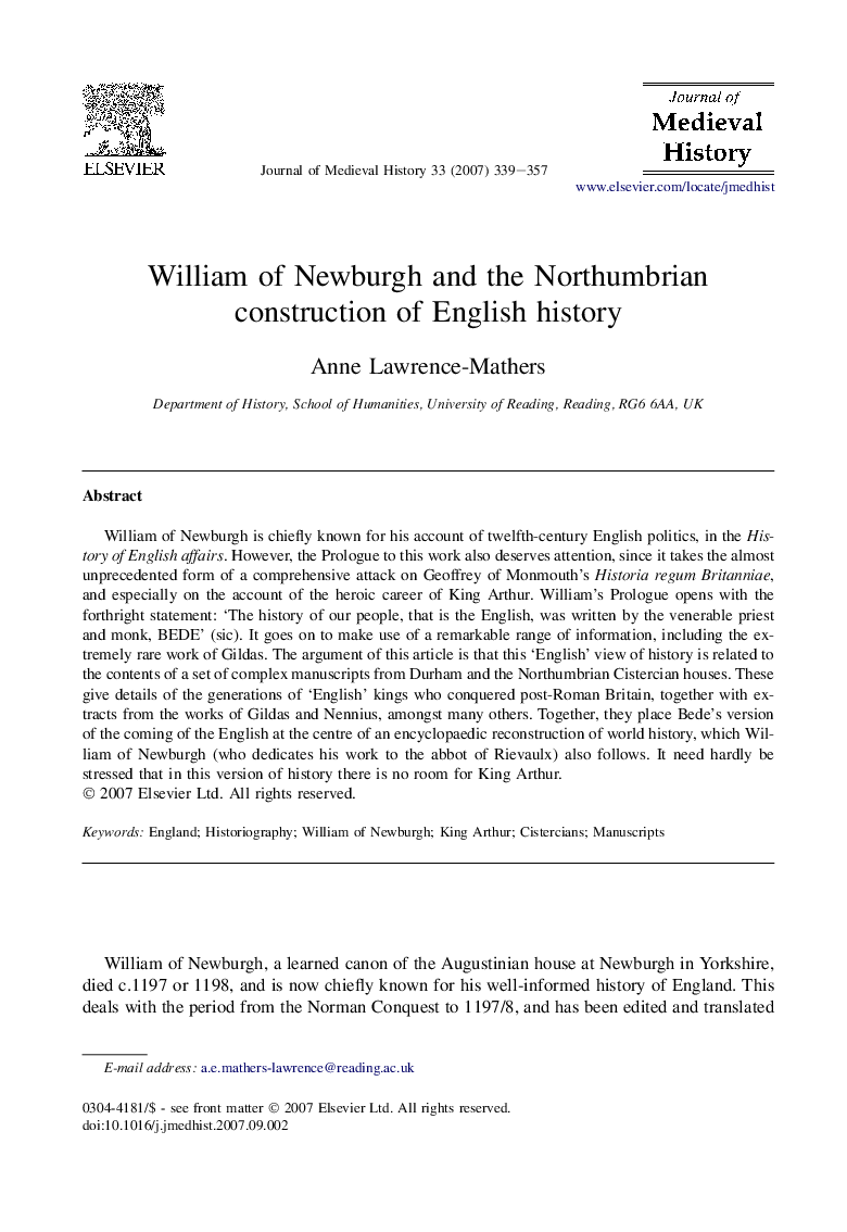 William of Newburgh and the Northumbrian construction of English history