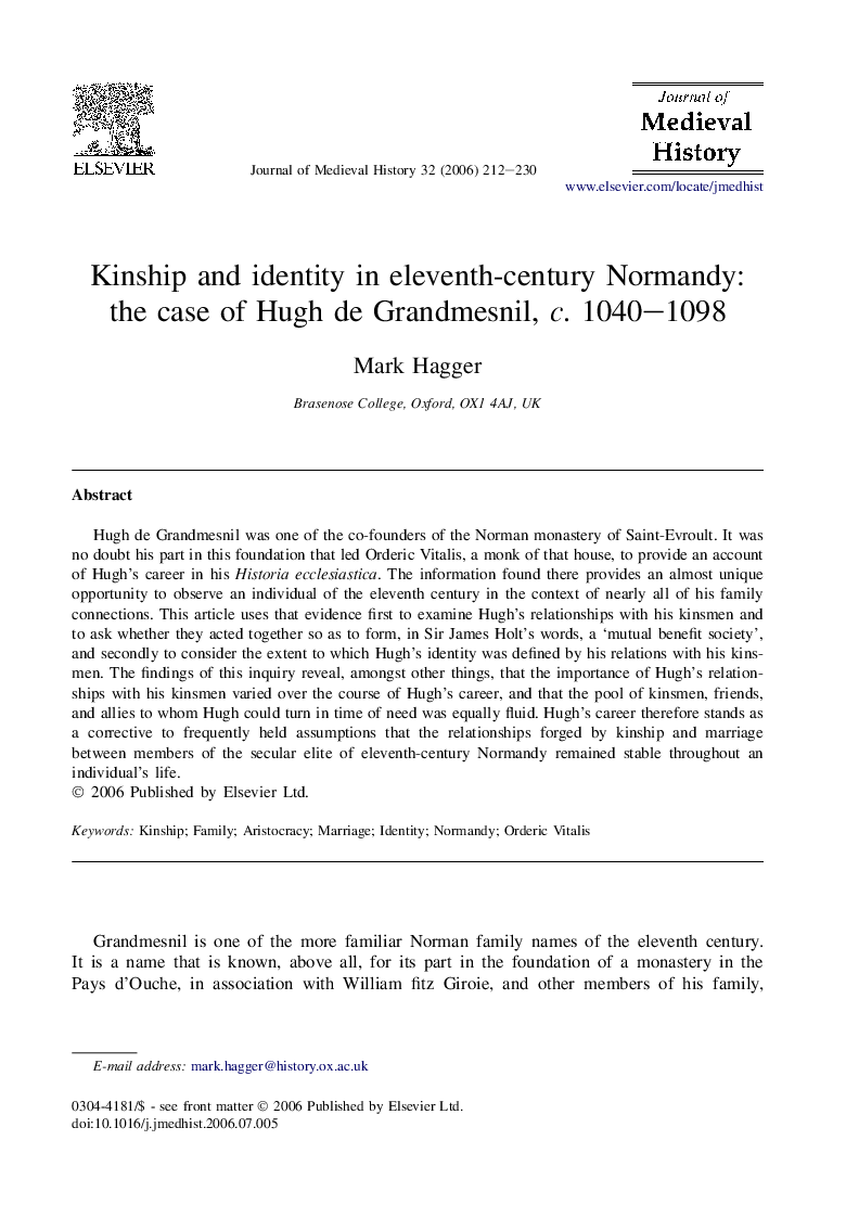 Kinship and identity in eleventh-century Normandy: the case of Hugh de Grandmesnil, c. 1040-1098