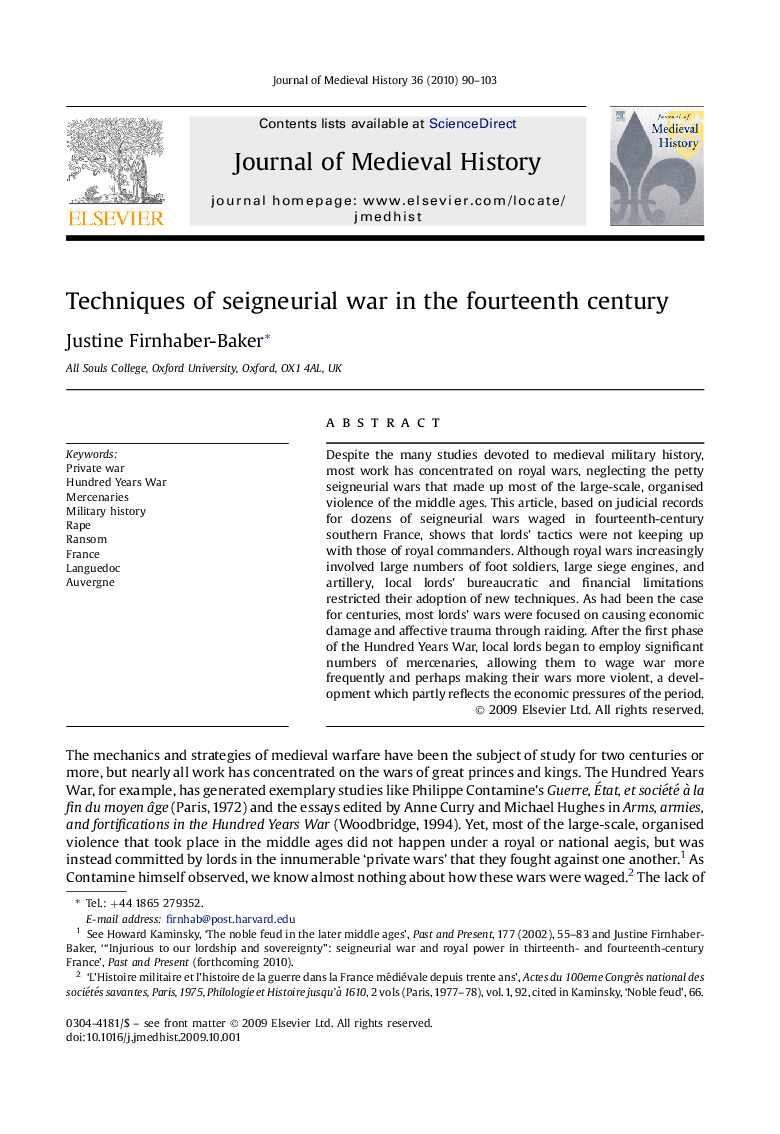 Techniques of seigneurial war in the fourteenth century