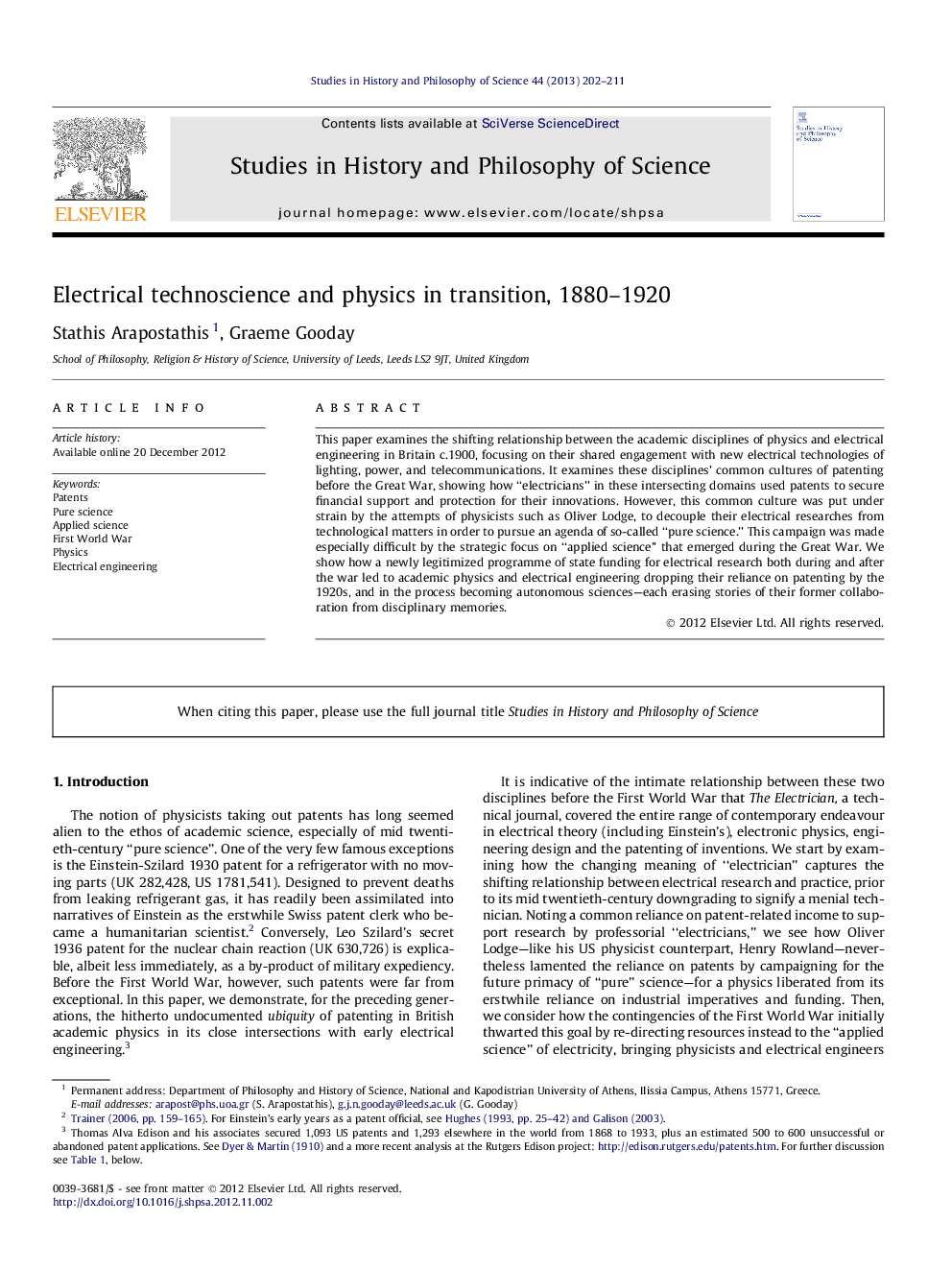 عکس صفحه اول مقاله: Electrical technoscience and physics in transition, 1880–1920 Electrical technoscience and physics in transition, 1880–1920