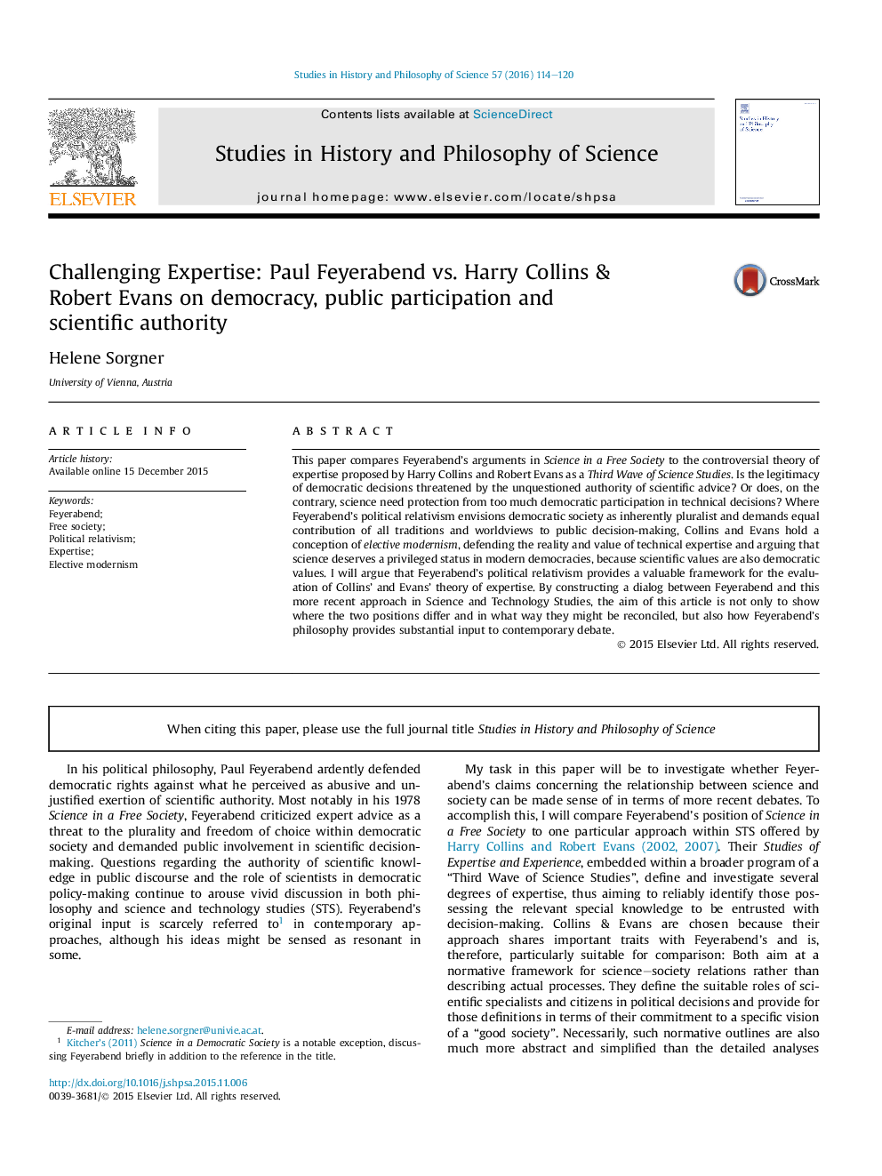 تخصص به چالش کشیدن: پل فایرابند در مقابل هری کالینز و رابرت ایوانز در دموکراسی، مشارکت عمومی و قدرت علمی: پل فایرابند در مقابل هری کالینز و رابرت ایوانز در مقام علمی و مشارکت عمومی